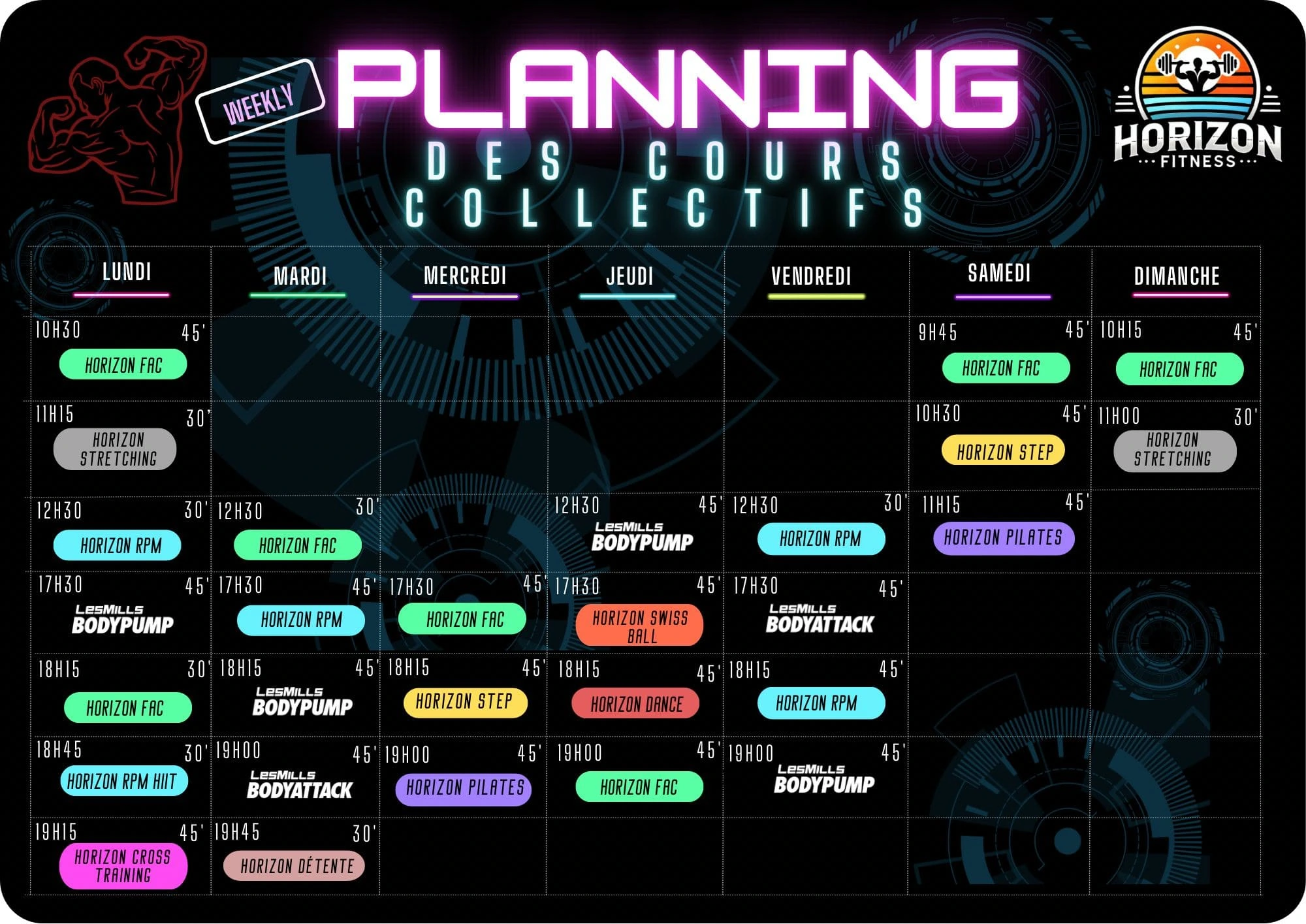 Planning des cours Horizon Fitness