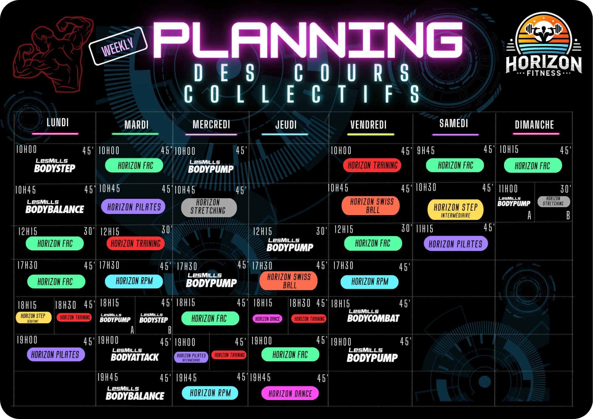 Planning des cours collectifs Horizon Fitness